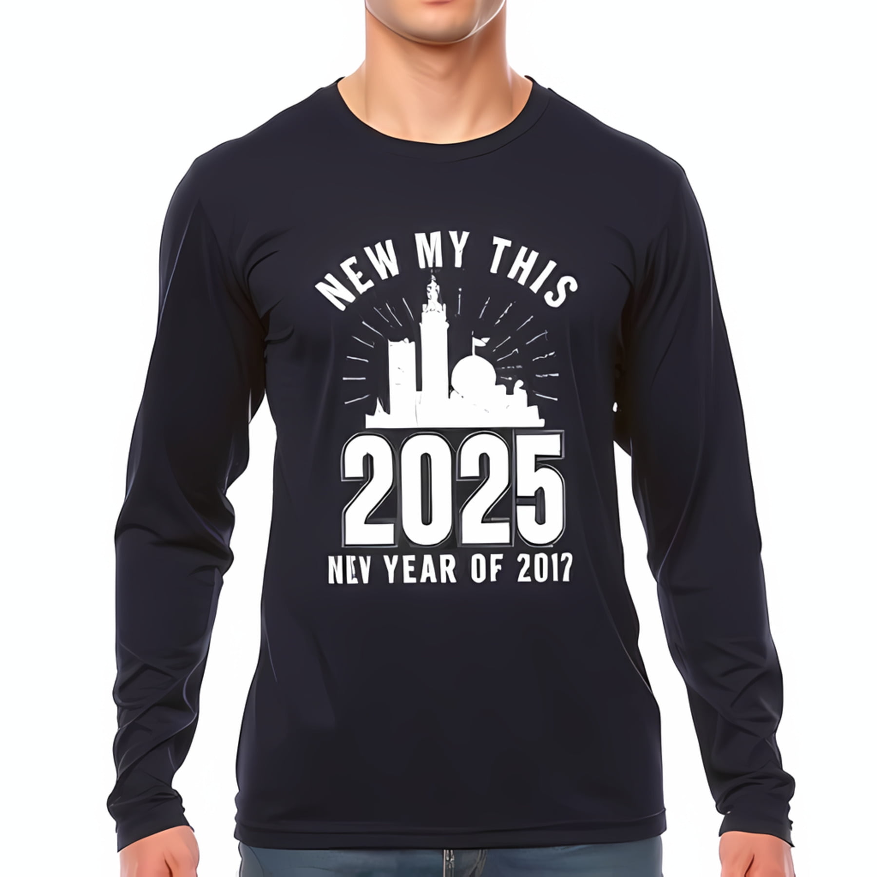 Blue Long Sleeve TShirt with Bold 2025 Graphic 'NEW MY THIS' Design