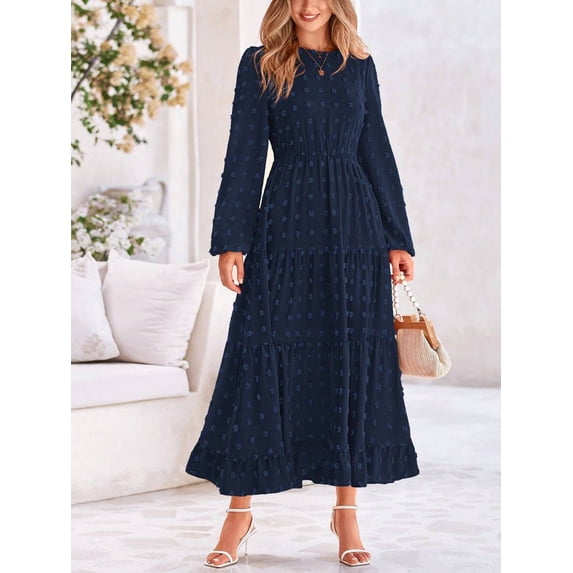 Blue Long Sleeve Tiered Maxi Dress With Floral Print