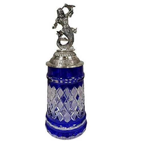 Blue Lord of Crystal Beer Stein with Poseidon Pewter Lid .5 L