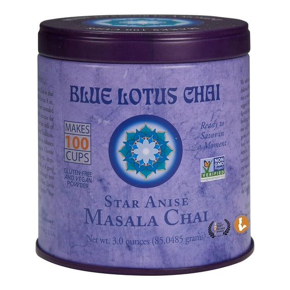 Blue Lotus Chai - Star Anise Flavor Masala Chai - Makes 100 Cups - 3 Ounce Masala Spiced Chai Powder with Organic Spices - Instant Indian Tea No Steeping - No Gluten, 3 Ounce (Pack of 1) 3