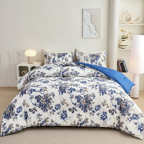 3-Piece Floral Comforter Set Queen Size, Blue and White Vintage Botanical, Soft Microfiber All-Season Bedding for Adults & Teens