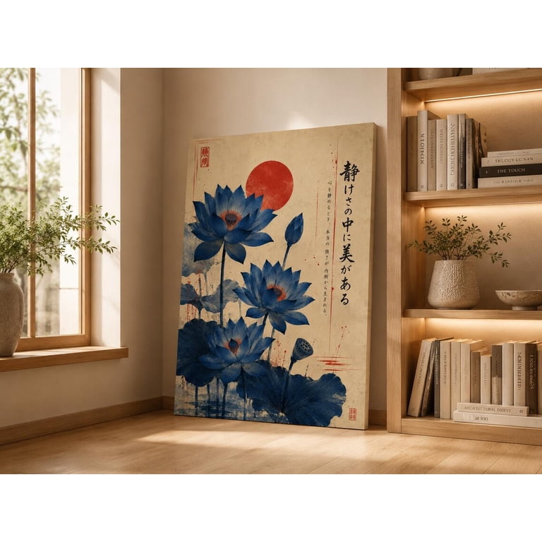 Blue Lotus Floral Print, Japanese Art, Oriental Decor, Japanese