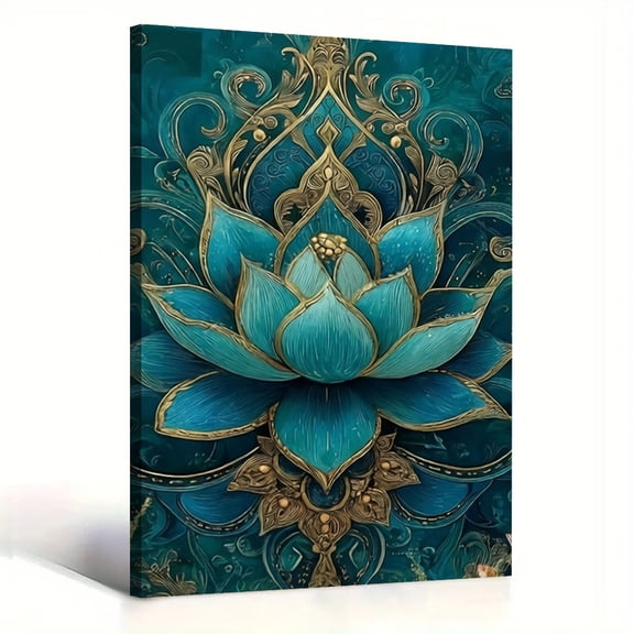 Blue Lotus Flower Canvas Wall Art Teal Gold Damask Pattern Living Room Bedroom Yoga Studio Decor Print Ready to Hang 24*36