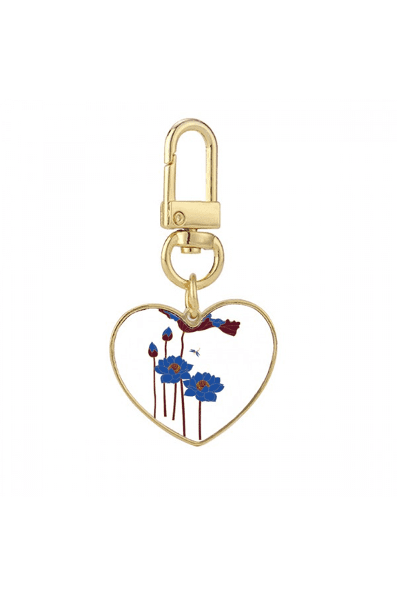 Blue Lotus Lotus Flower Dragonfly Gold Heart Keychain Metal Keyring Holder