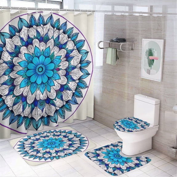 Blue Lotus Mandala Art-1 Shower Curtain Sets Non-Slip Rugs Bath Mat Toilet Cover U Shaped Mat 4 Pcs