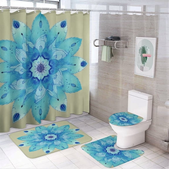 Blue Lotus Mandala Art Shower Curtain Sets Non-Slip Rugs Bath Mat Toilet Cover U Shaped Mat 4 Pcs