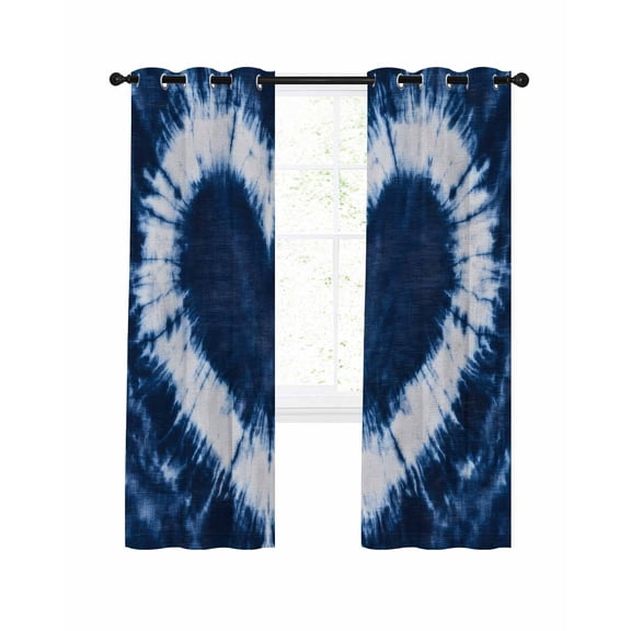 Blue Love Heart Blackout Curtains, Light Blocking Print Window Curtains, Boho Ethnic Modern Funny Tie Dye Art Thermal Insulated Window Drapes for Living Room Kitchen Cafe 2 Panels, 55"W x 39"L