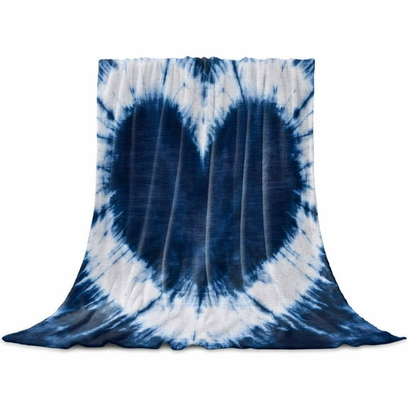 Blue Love Heart Flannel Blanket for Bed, Boho Ethnic Modern Funny Tie Dye Art Soft Cozy Warm Couch Throw Blanket, Lightweight Fluffy Plush Bedding Blankets for Sofa Decor All Season 30"x40"