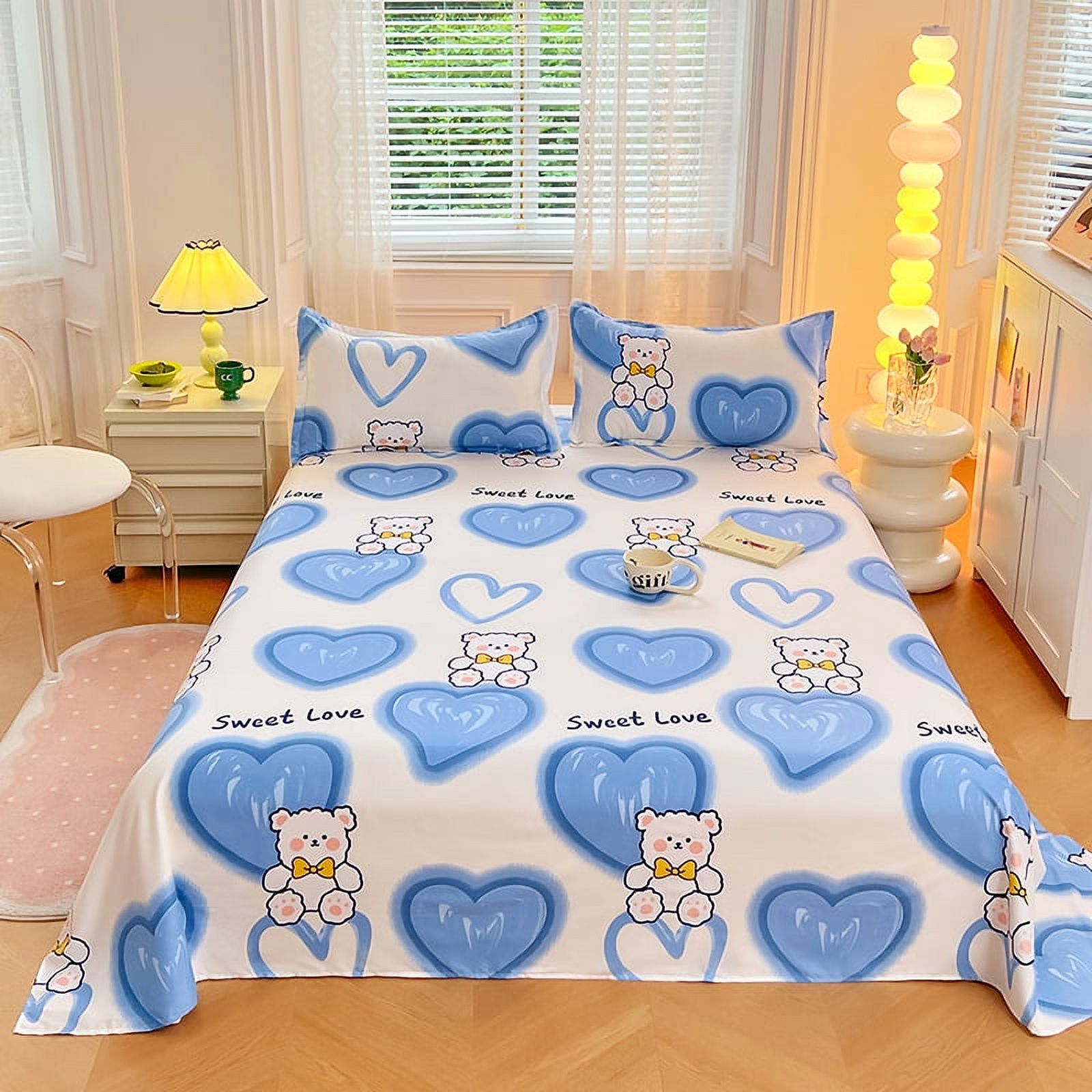 Blue Love Heart Flat Sheet Cute Bear Bed Sheets Soft Bed Linen for Home
