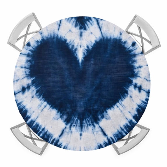 Blue Love Heart Round Tablecloth for 36-44 Inch Tables,Fitted Table Cover with Elastic Edge,Boho Ethnic Modern Funny Tie Dye Art Waterproof Outdoor Table Cloth Protector for Patio Garden Dinner