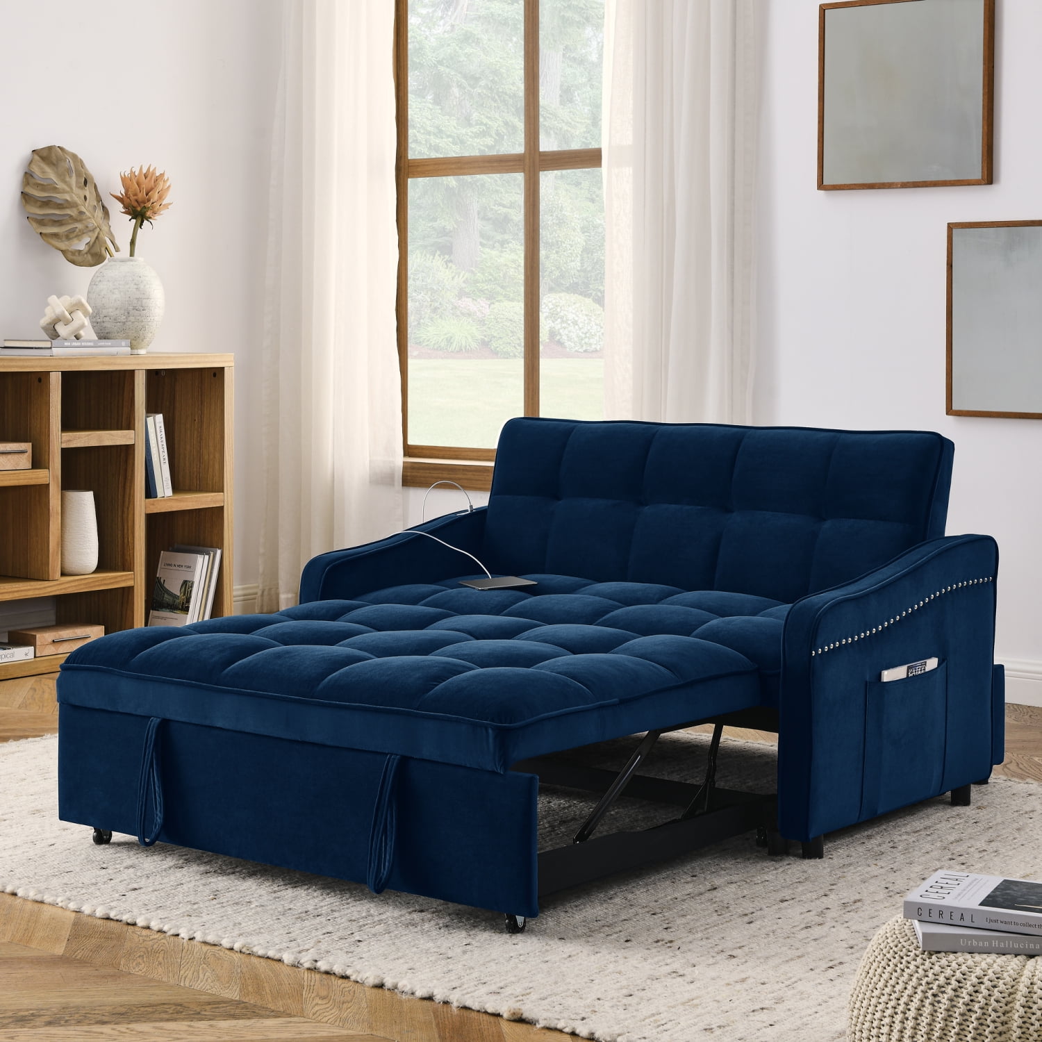 Blue Loveseats Sofa Bed with Pullout Bed, Adjustable Back, and USB