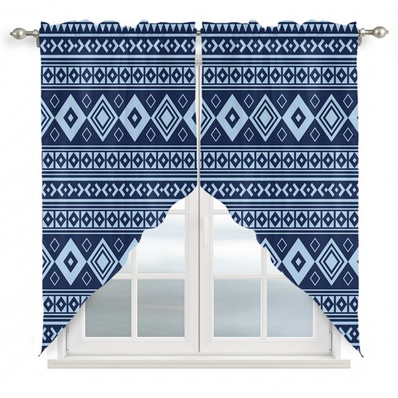 Blue Lozenge Swag Valances for Windows 2 Pack Coastal Geometric Striped Folk Farm Steel Blue Swag Kitchen Curtains 36 Inches Long Rod Pocket Short Window Treatment for Kitchen Bathroom 36"x36"