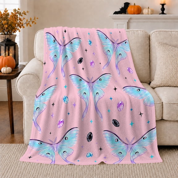 Blue Luna Moths on Pink with Gems, Dreamy Fantasy Style for Butterfly Lovers, Pastel Night Wing Pattern and Birthday Gift, Cozy Flannel Blanket for Bedroom and Reading Nook, Home Decor