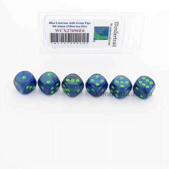 Blue Lustrous Dice with Green Pips 16mm (5/8in) D6 Set of 6 Wondertrail