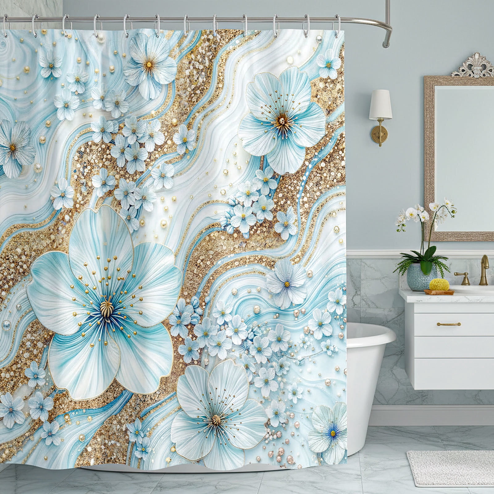 Blue Luxury Light Floral Shower Curtain, Elegant Boho Bathroom Decor, Cherry Blossom with Gold Glitter Marble Texture, Waterproof Washable Fabric Shower Curtain Set with Hooks,70X75in