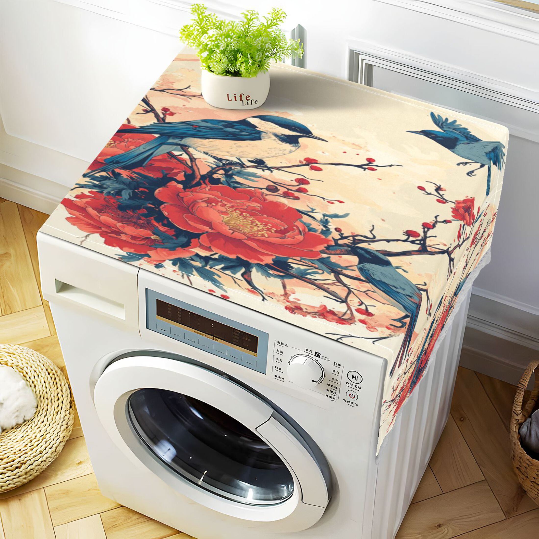 Blue MagpieWasher and Dryer Covers Dust-Proof and Oil Resistant Fridge Cover with 4 Storage Pockets Washing Machine Top Cover for Laundry Kitchen Home 51.2 x 22 In