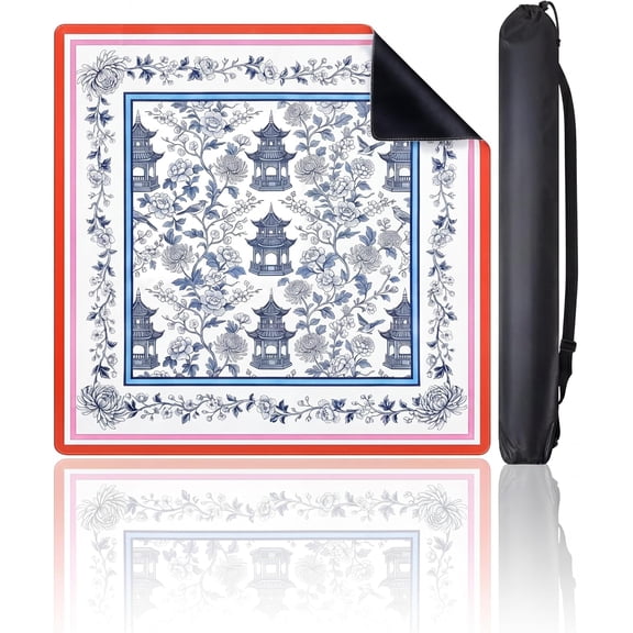 Blue Mahjong Mat 31.5 x 31.5' with Black Carrying Bag, Anti-Slip Rubber, Noise-reducing Chinoiserie Card Pagoda Table Cover for Poker Board Games Dominoes Game Home Decor