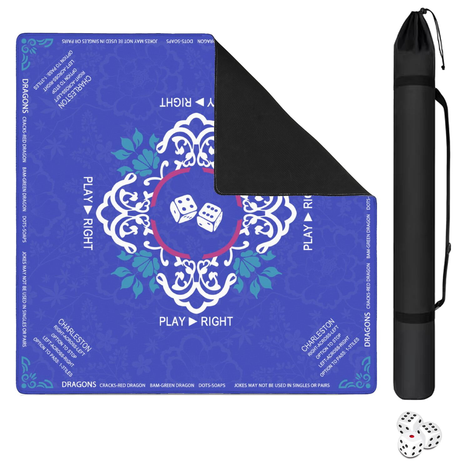 Blue Mahjong Mat with Rules, 31.5*31.5in Anti Slip American Mahjong Mat for Table, Noise Reduction, Neoprene Mah jongg Mats with Carrying Bag & 3 Dices, Mahjong Supplies Gift, Board Tile Games Mats