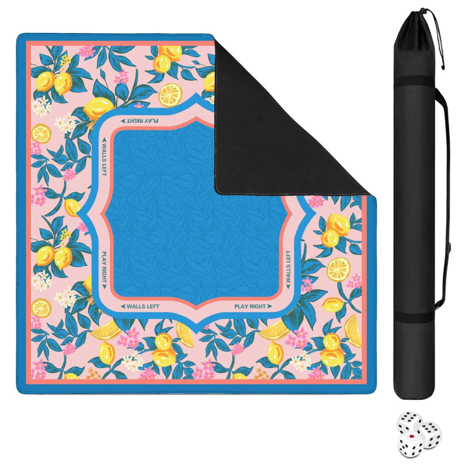 Blue Mahjong Mat for Table, 31.5*31.5in Anti Slip American Mahjong Table Cloth, Noise Reduction, Neoprene Mah jongg Mat with Carrying Bag & 3 Dices, Mahjong Set Gift, Board Tile Games Mats, Lemon03