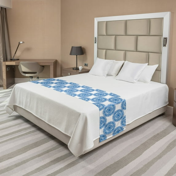 Blue Mandala Bed Runner, Repetitive Oriental Floral Motifs Illustration on Plain Background, Decorative Accent Bedding Scarf for Hotels Homes and Guestrooms, Queen, Sea Blue and White, by Ambesonne