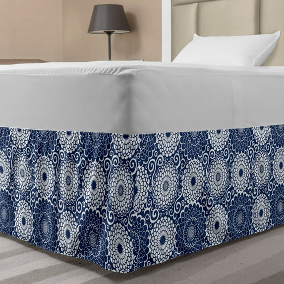 Blue Mandala Bed Skirt, Pattern with Large Flowers and Curls Contrasting Colors Baroque Design, Elastic Bedskirt Dust Ruffle Wrap Around for Bedding Decor, 4 Sizes, Navy Blue White, by Ambesonne