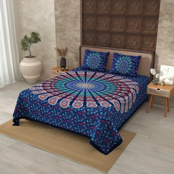 Blue Mandala Double Bedsheet Tapestry with 2 Pillow Covers