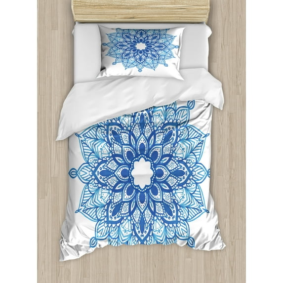 Blue Mandala Duvet Cover Set, Pointy Petals Ornament Ethnic Floral on Plain Background, Decorative 2 Piece Bedding Set with 1 Pillow Shams, Twin Size, Azure Blue Deep Sky Blue, by Ambesonne
