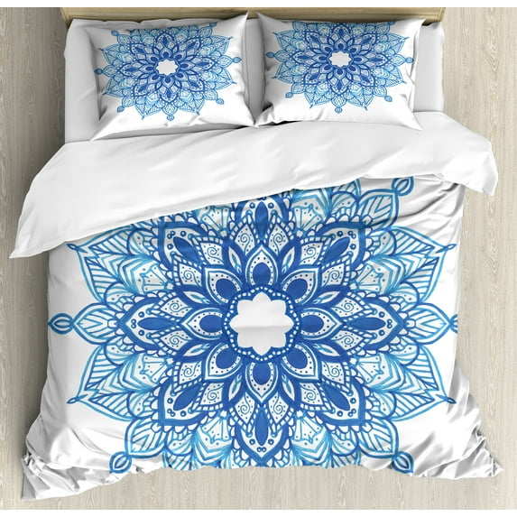 Blue Mandala Duvet Cover Set, Pointy Petals Ornament Ethnic Floral on Plain Background, Decorative 3 Piece Bedding Set with 2 Pillow Shams, Queen Size, Azure Blue Deep Sky Blue, by Ambesonne