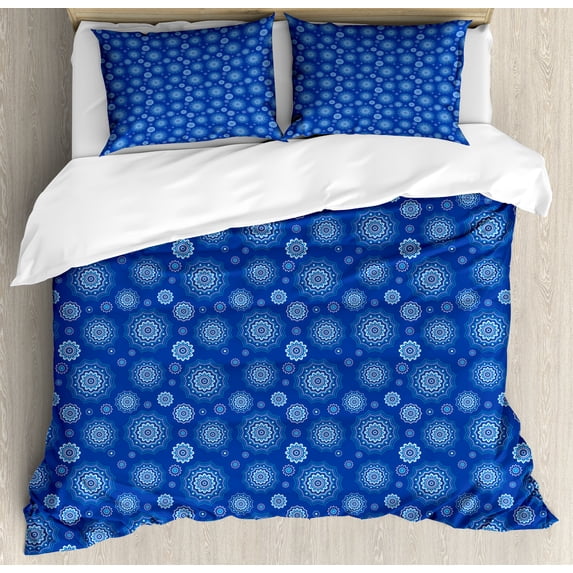 Blue Mandala Duvet Cover Set, Repetitive Pointy Petals Dots Arrangement Floral Dark Blue Pattern, Decorative 3 Piece Bedding Set with 2 Pillow Shams, Queen Size, Sky Blue Violet Blue, by Ambesonne