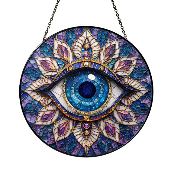 Blue Mandala Evil Eye Faux Stained Glass Ornament, Boho Protection Gift