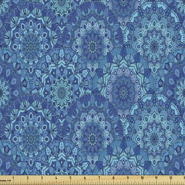 Ambesonne Blue Mandala Fabric by the Yard Upholstery, Curvy Hippie Scales, 10 Yards, Violet Blue Pale Blue