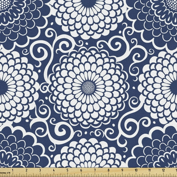 Ambesonne Blue Mandala Fabric by the Yard Upholstery, Large Flowers Curls, 2 Yards, Navy Blue White
