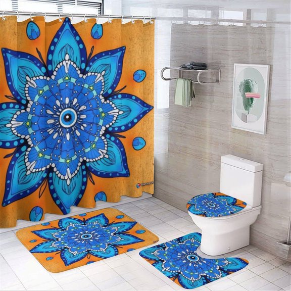 Blue Mandala Floral Art Shower Curtain Set Modern Bathroom Decor Mats 4pcs Fabric Bathroom Curtain Slip Floor Rug Toilet Lid