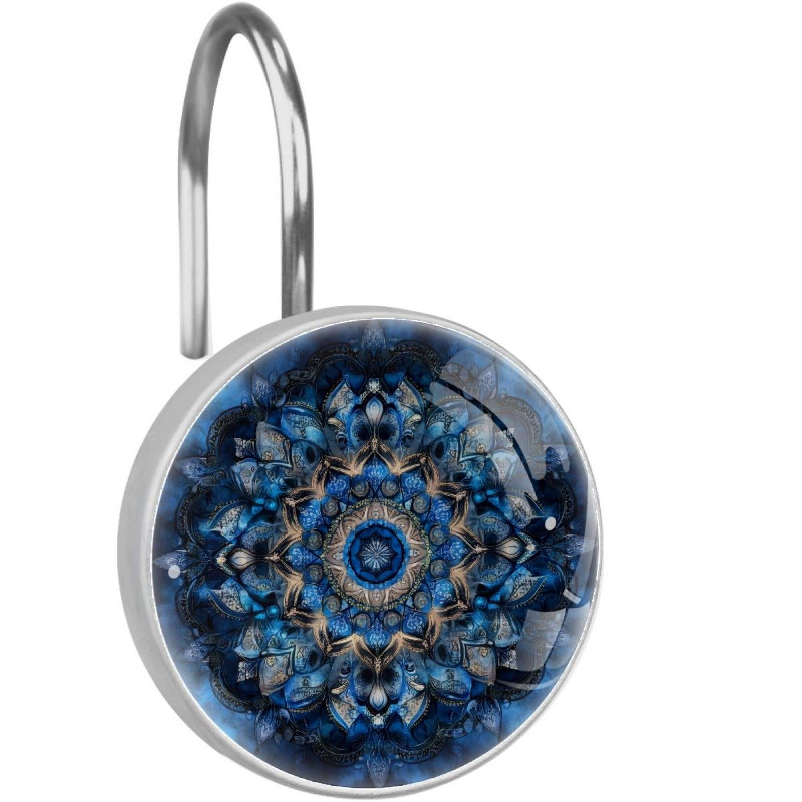 Blue Mandala Floral Shower Curtain Hooks Round Crystal Glass, Set of 12 Shower Curtain Rings - Shower Hooks for Curtain Shower Rings