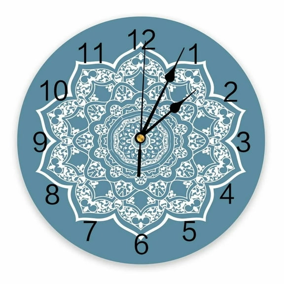 Blue Mandala Flowers Decorative Round Wall Clock Arabic Numerals Design Non Ticking Wall Clock Large For Bedrooms Bathroom（10 Inch）