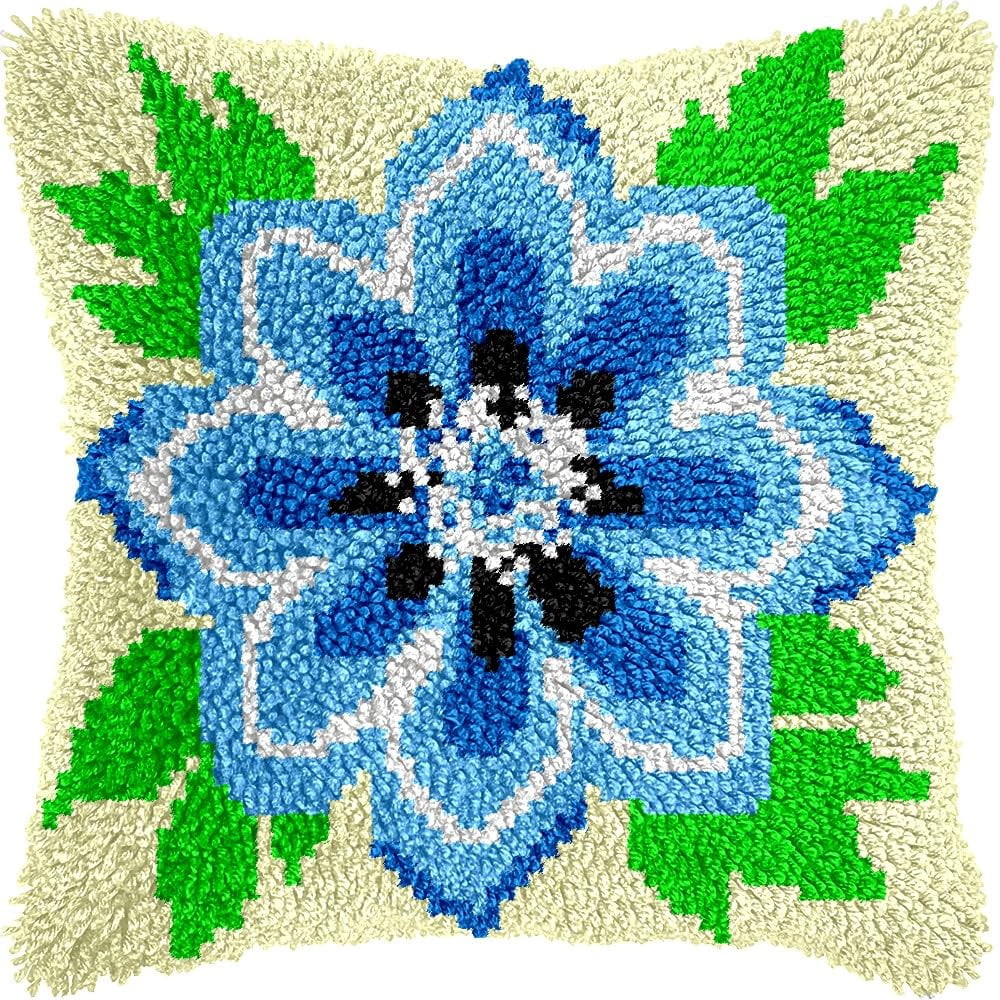 Blue Mandala Flowers Latch Hook Pillow Kits for DIY Throw Pillow Cushion Embroidery Latch Hooking Pillowcase Kits with Preprinted Canvas Crochet Yarn Kits for Home Decor 17''X 17''(d47)