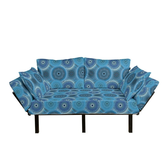Blue Mandala Futon Couch, Overlapping Round in Different Vintage Ornate in Blue Shades Monochrome, Daybed with Metal Frame Upholstered Sofa for Living Dorm, Loveseat, Multicolor, by Ambesonne