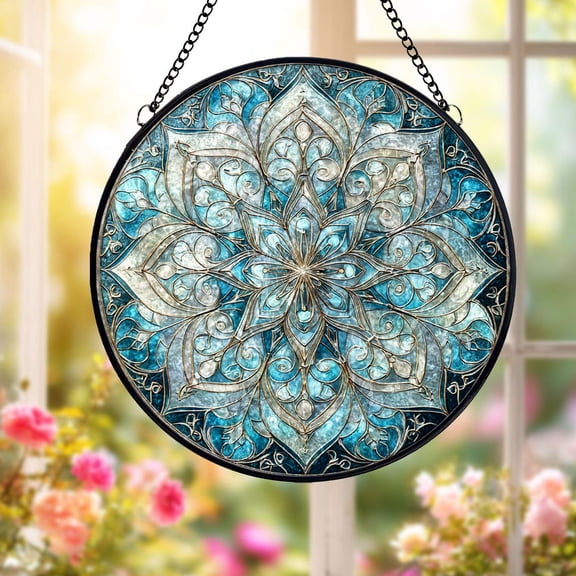 Blue Mandala Glass Suncatcher, Round Window Hanging Lotus Floral Boho Meditation, 3.5 in
