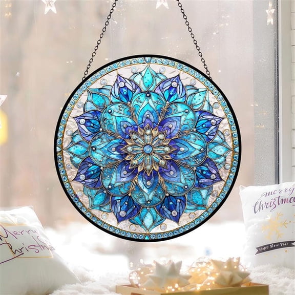 Blue Mandala Glass Suncatcher v2, Geometric Window Hanging Art, Spiritual Home Decor, 3.5 in