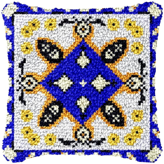 Blue Mandala Latch Hook Kits Pillow Cover DIY Rug Making Crochet Hook Cushion Making Kits with Preprinted Pattern Canvas DIY Needlework Crochet Kits Sofa Decor 43x43cm