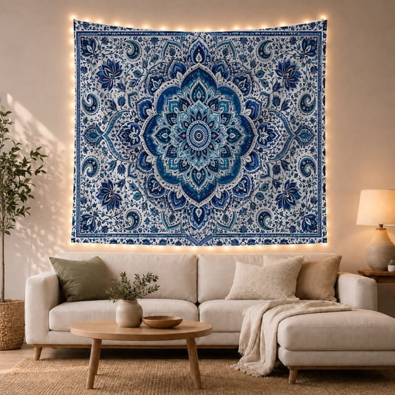 Blue Mandala and Paisley Against Crisp White, Serene Boho for Bohemian Decor Lovers, Intricate Wall Art, Housewarming Gift, Tapestry Wall Hanging for Bedroom and Living Room
