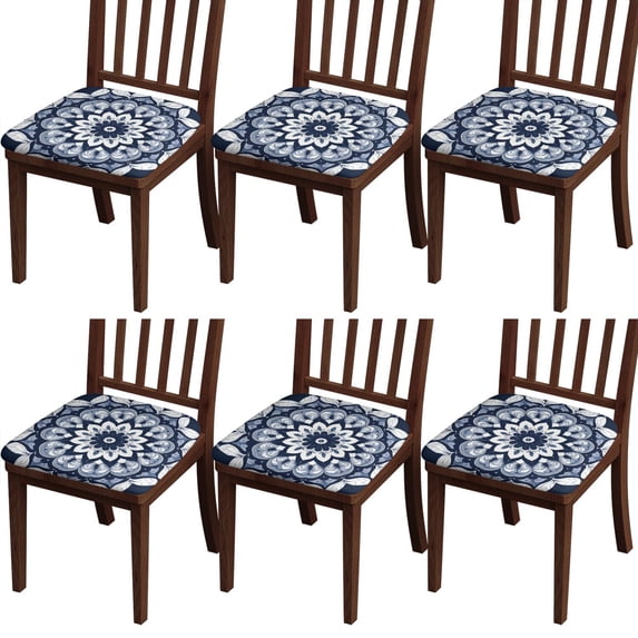 Blue Mandala Seat Covers for Dining Room Chairs Set Of 6,Stretch Printed Washable Chair Seat Cover with Elastic Ties and Button,Removable Waterproof Couch Cushion Covers