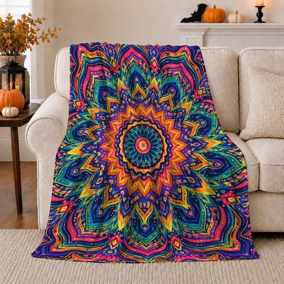 Blue Mandala Sofa Scene, Soft Tie Dye Batik Style for Mandala Lovers, Radiant Mandala Theme and Housewarming Gift, Warm Flannel Blanket for Bedroom Living Room, Home Decor