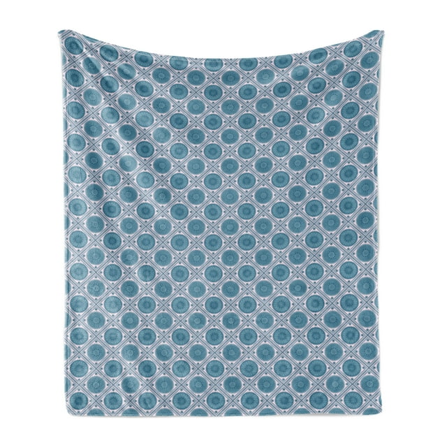 Blue Mandala Soft Flannel Fleece Blanket, Geometric Rhombus Checkered Pattern with Floral Motifs and Dots Inside, Cozy Plush for Indoor and Outdoor Use, 50" x 70", Blue and Baby Pink, by Ambesonne