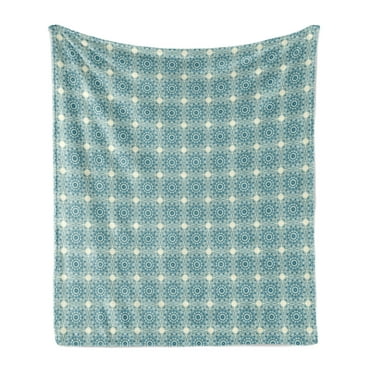 Blue Mandala Soft Flannel Fleece Blanket, Repetitive Abstract Sunflower Interpretation Folkloric Motifs Print, Cozy Plush for Indoor and Outdoor Use, 60" x 80", Ivory and Petrol Blue, by Ambesonne