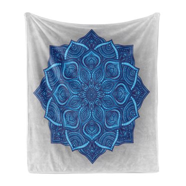 Blue Mandala Soft Flannel Fleece Throw Blanket, Curvy Illustration Vintage Style Motif, Cozy Plush for Indoor and Outdoor Use, 70" x 90", Dark Blue Pale Blue Dust, by Ambesonne