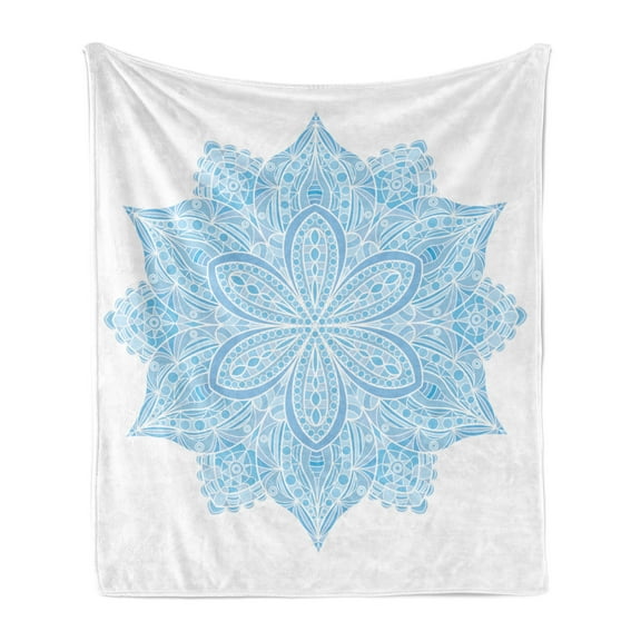 Blue Mandala Soft Flannel Fleece Throw Blanket, Detailed Floral Single Ornamental Motif Eastern Design Theme, Cozy Plush for Indoor and Outdoor Use, 70" x 90", Pale Blue and White, by Ambesonne