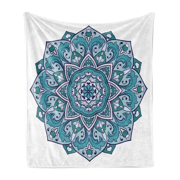 Blue Mandala Soft Flannel Fleece Throw Blanket, Hand-drawn Oriental Eastern Motif Curly Elements, Cozy Plush for Indoor and Outdoor Use, 50" x 60", Jade Green Dark Teal, by Ambesonne
