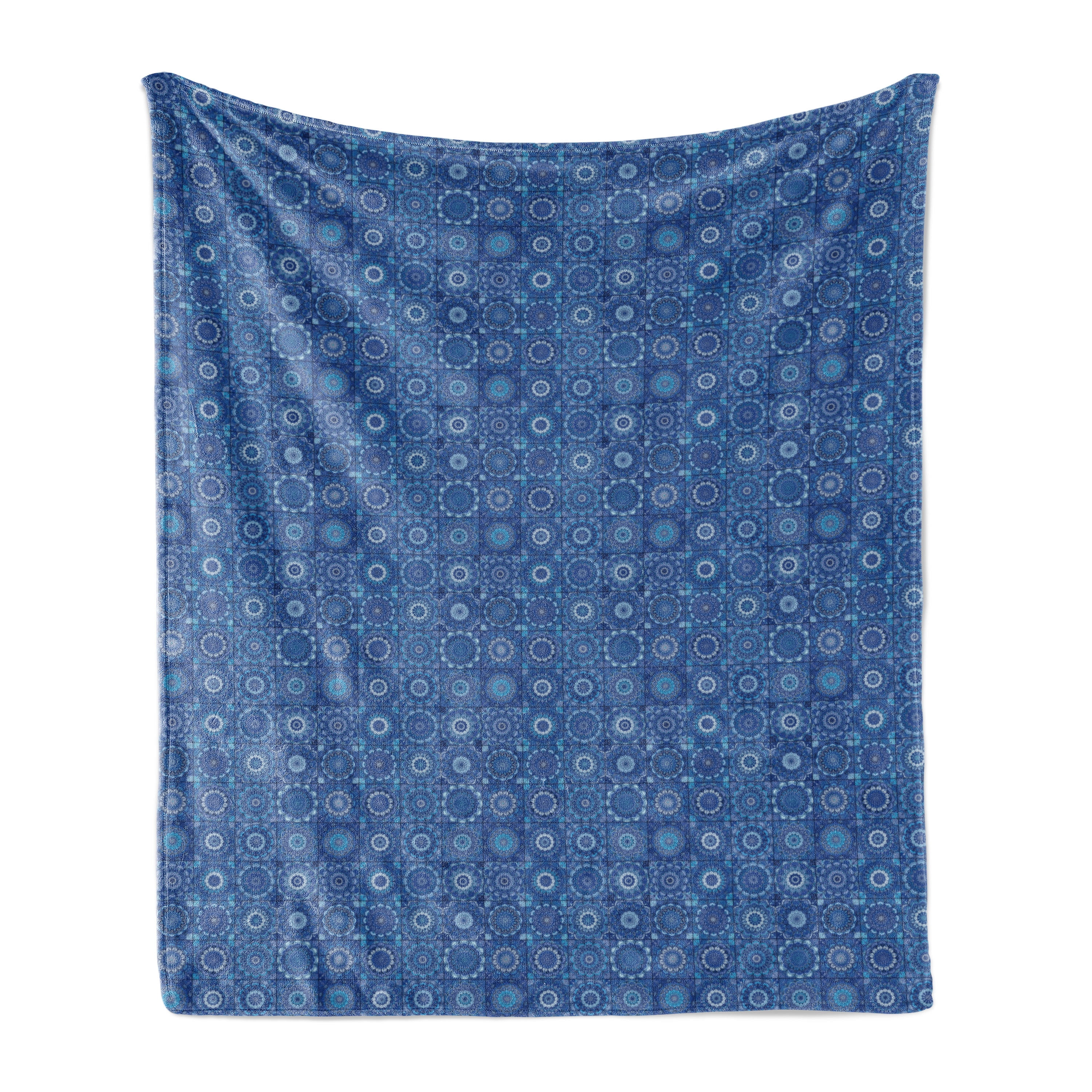 Blue Mandala Soft Flannel Fleece Throw Blanket, Moroccan Traditional Tiles Portuguese Azulejo
