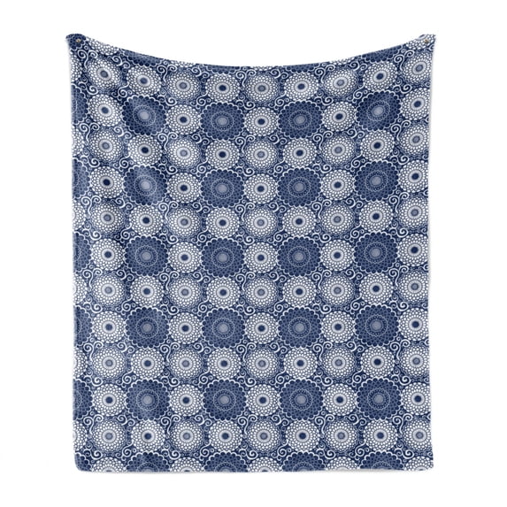 Blue Mandala Soft Flannel Fleece Throw Blanket, Pattern with Large Flowers and Curls Contrasting Colors Baroque Design, Cozy Plush for Indoor and Outdoor Use, 70" x 90", Navy Blue White, by Ambesonne
